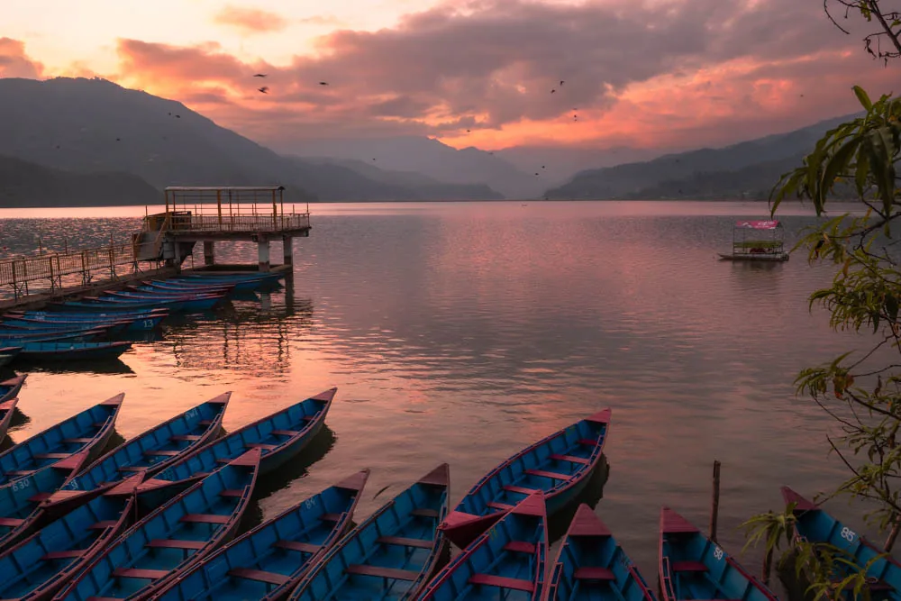 Phewa Lake at Pokhara, Nepal, after sunset